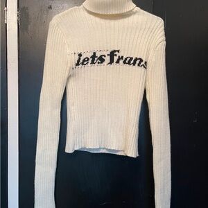 Cream Turtleneck Ribbed Knit Top